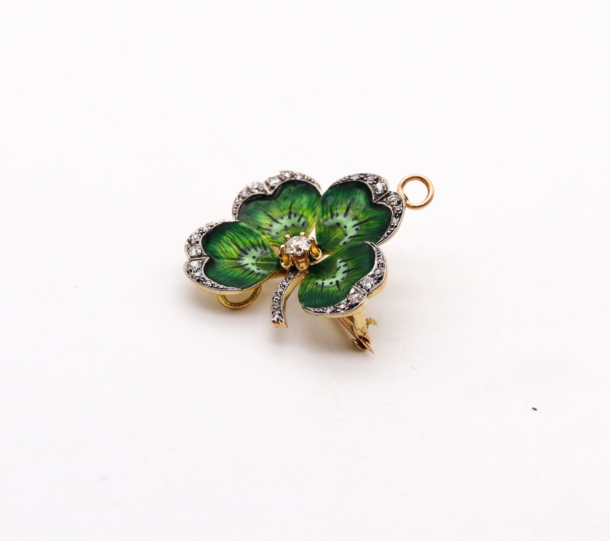 EDWARDIAN 1900 Enameled Four-Leaves Clover Pendant Brooch 18Kt Gold With Diamond 1