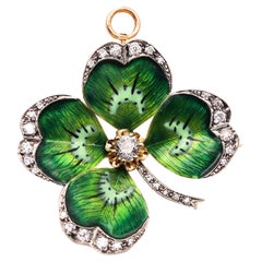EDWARDIAN 1900 Enameled Four-Leaves Clover Pendant Brooch 18Kt Gold With Diamond