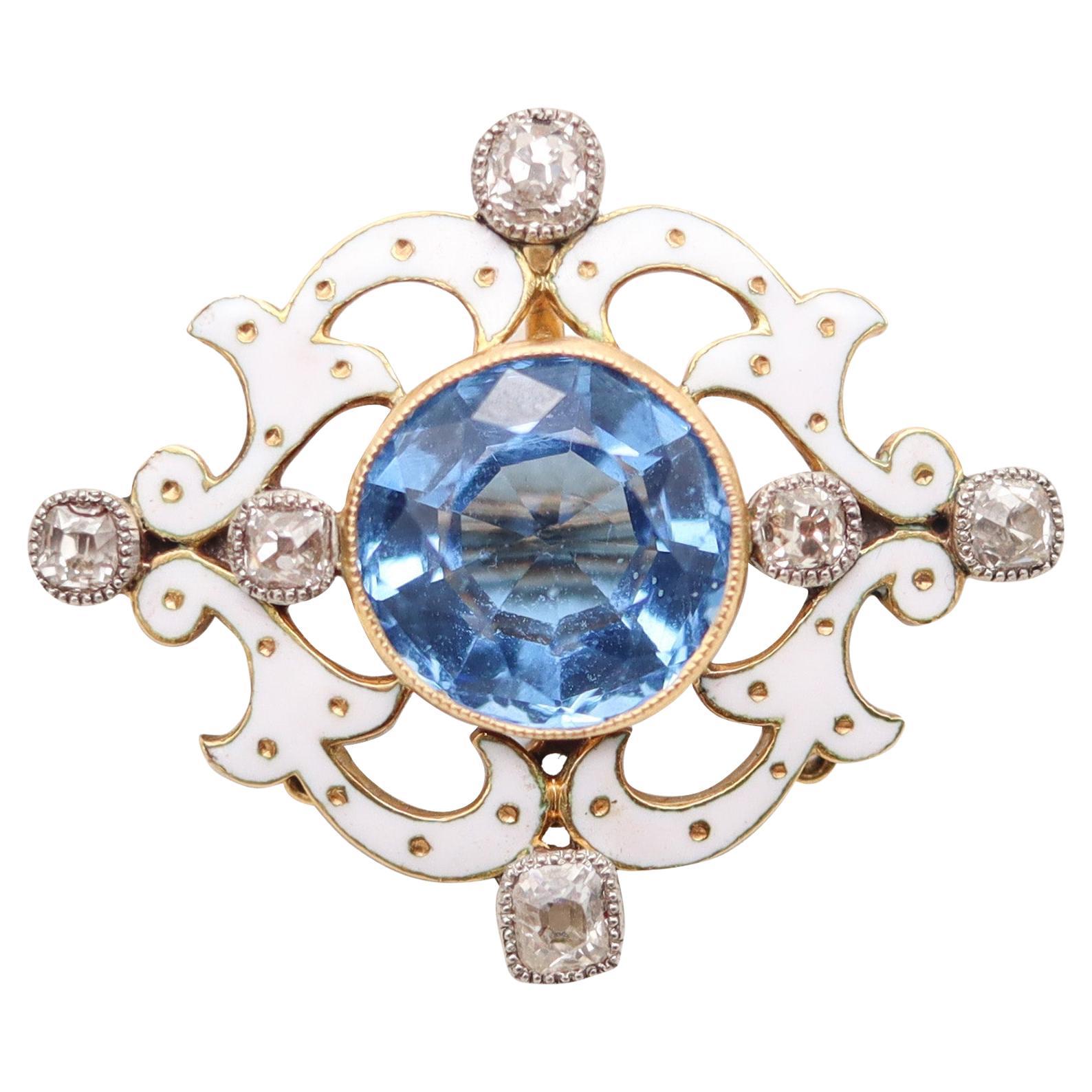 EDWARDIAN 1900 Enameled Pendant Brooch In 18Kt Platinum Diamonds 
Aquamarine For Sale