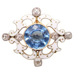 EDWARDIAN 1900 Enameled Pendant Brooch In 18Kt Platinum Diamonds 
Aquamarine