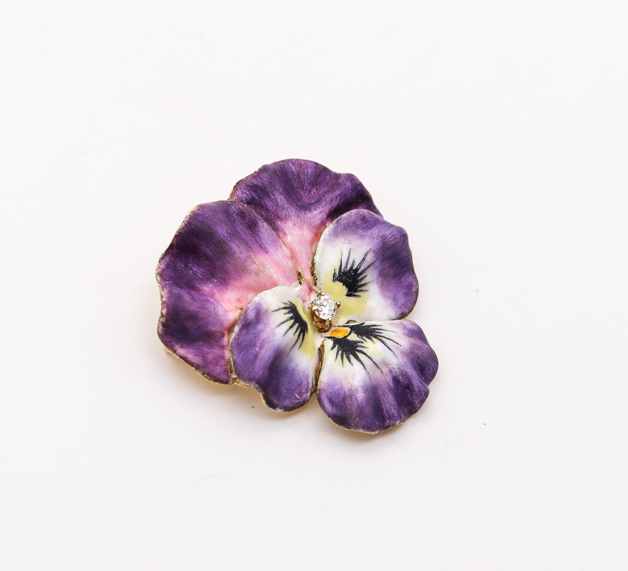 Edwardian enameled Pansy flower brooch.

Beautiful three-dimensional five-petals pansy flower, created in New Jersey North America during the Edwardian and the Art Nouveau periods, between the 1900-1910. This versatile pendant brooch has been