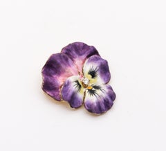 Edwardian 1900 Enameled Purple Pansy Flower Brooch In 14Kt Gold With Diamond