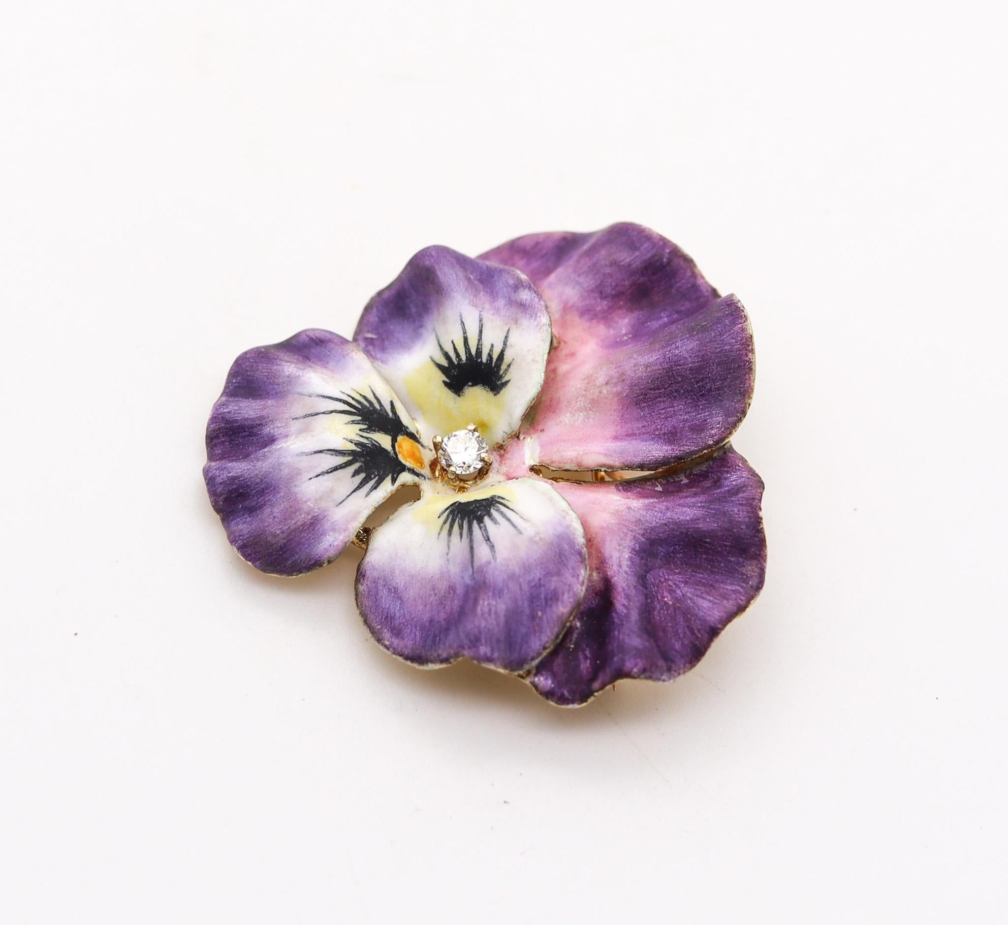 Art Nouveau Edwardian 1900 Enameled Purple Pansy Flower Brooch In 14Kt Gold With Diamond For Sale