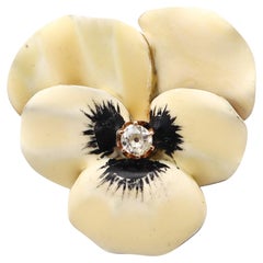 Edwardian 1900 Enameled White Pansy Flower Brooch In 14Kt Gold With Diamond