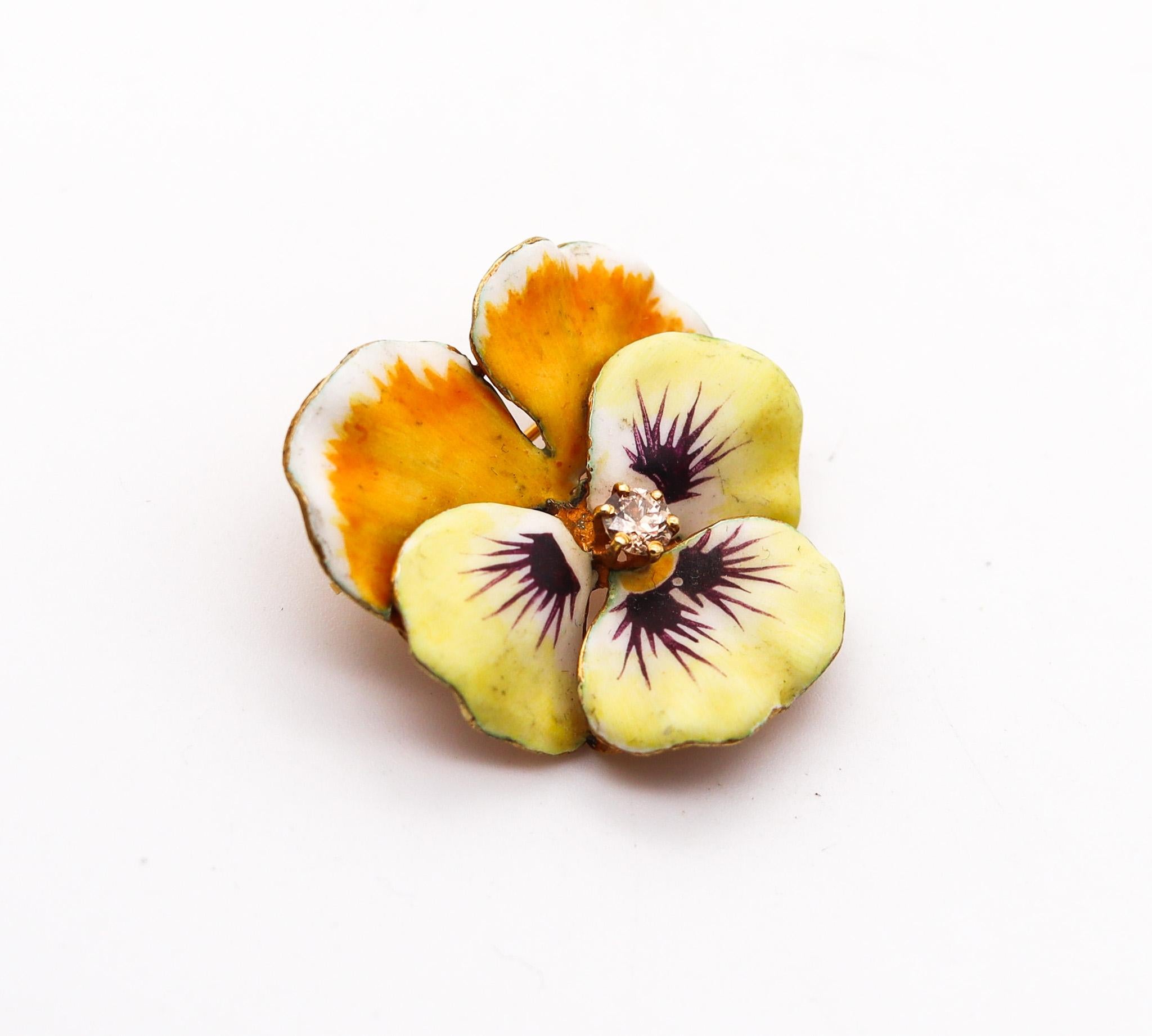 Edwardian enameled Pansy flower brooch.

Beautiful three-dimensional five-petals pansy flower, created in New Jersey North America during the Edwardian and the Art Nouveau periods, between the 1900-1910. This versatile pendant brooch has been