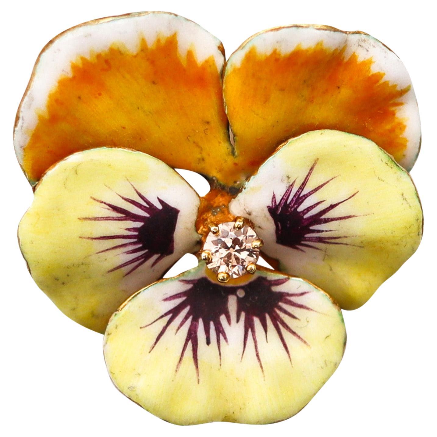 Edwardian 1900 Enameled Yellow Pansy Flower Brooch In 14Kt Gold With Diamond