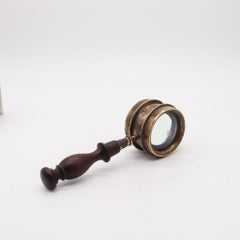 EDWARDIAN 1900 England Antique Desk Magnifier Loupe In Polished Brass & Wood