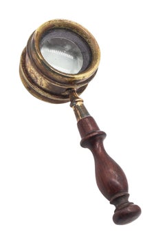 EDWARDIAN 1900 England Antique Desk Magnifier Loupe In Polished Brass & Wood