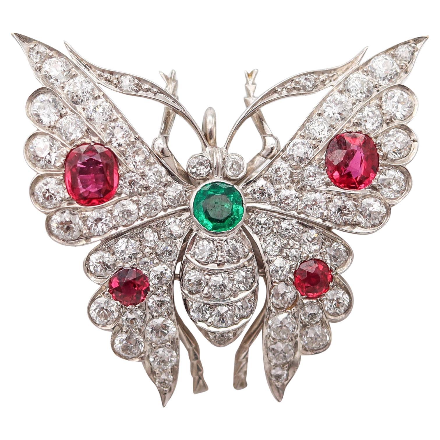 EDWARDIAN 1900 Fabulous Butterfly In 18Kt Gold With Diamonds, Rubies & Emerald