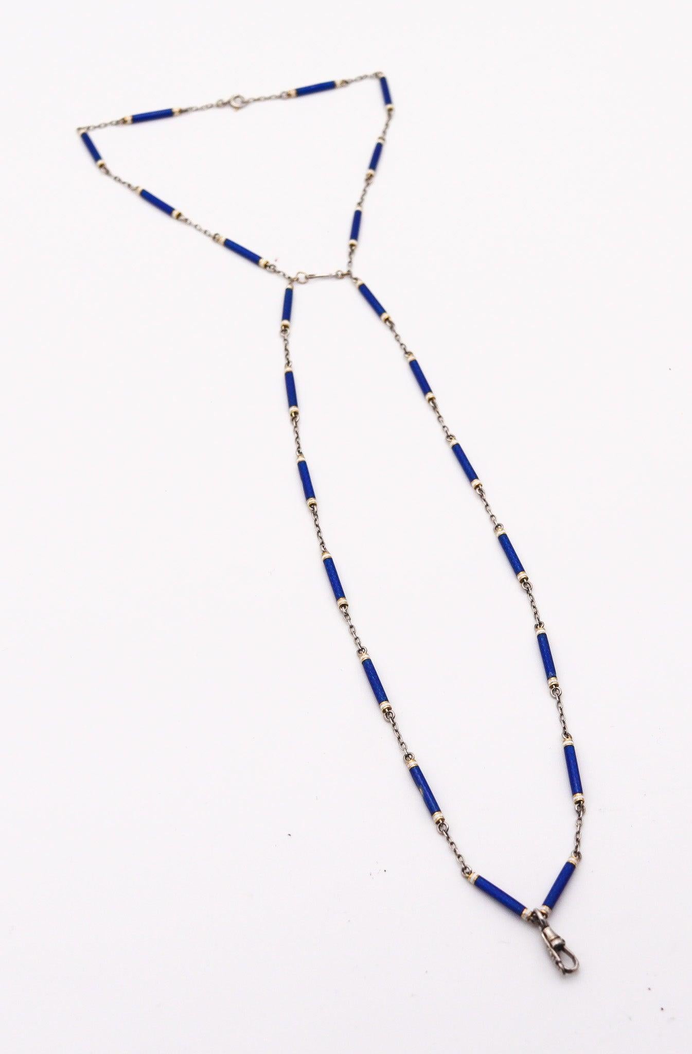 EDWARDIAN 1900 French Chain In Platinum With Blue And White Guilloche Enamels 5