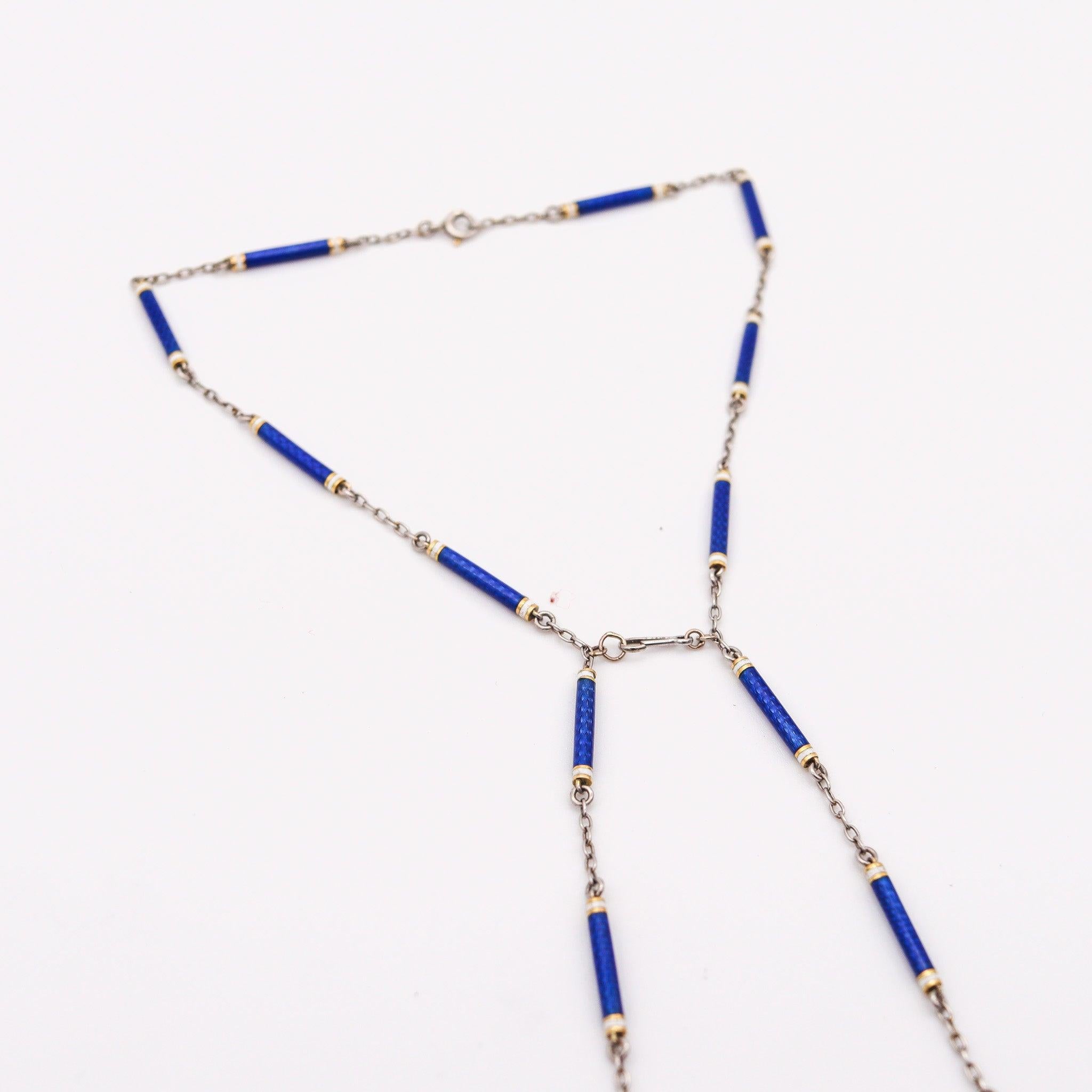 EDWARDIAN 1900 French Chain In Platinum With Blue And White Guilloche Enamels 6