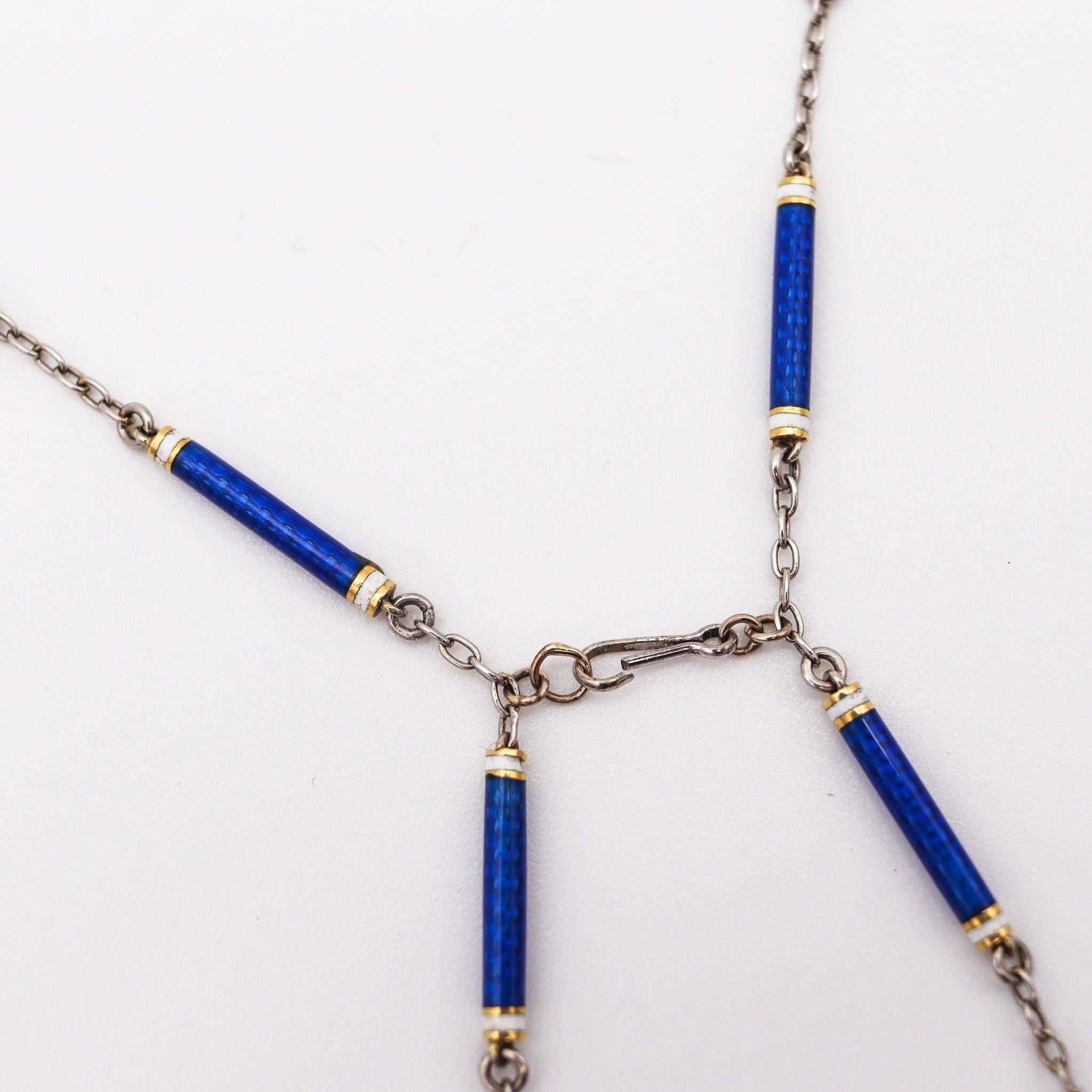 EDWARDIAN 1900 French Chain In Platinum With Blue And White Guilloche Enamels 7