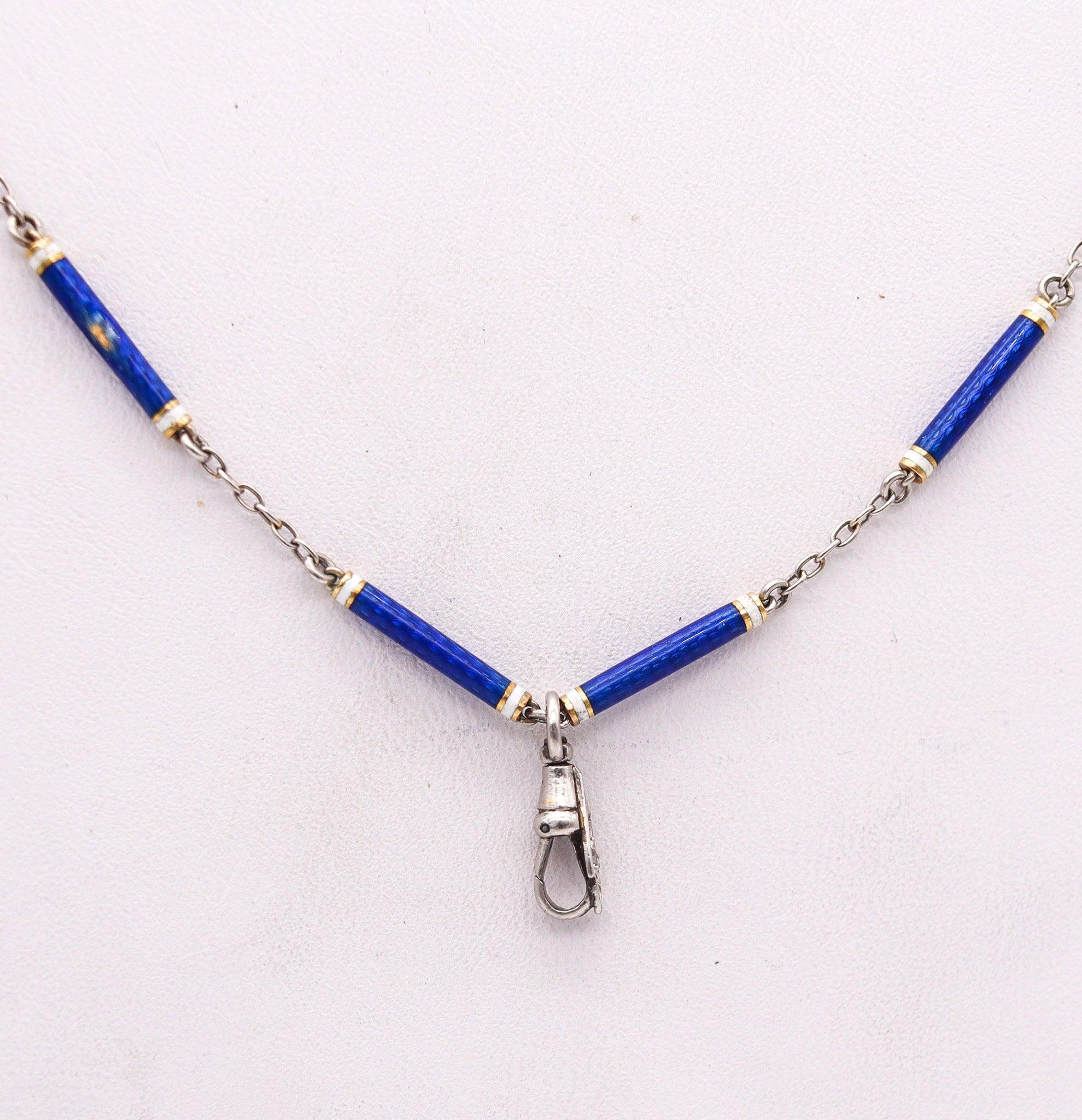 Edwardian EDWARDIAN 1900 French Chain In Platinum With Blue And White Guilloche Enamels