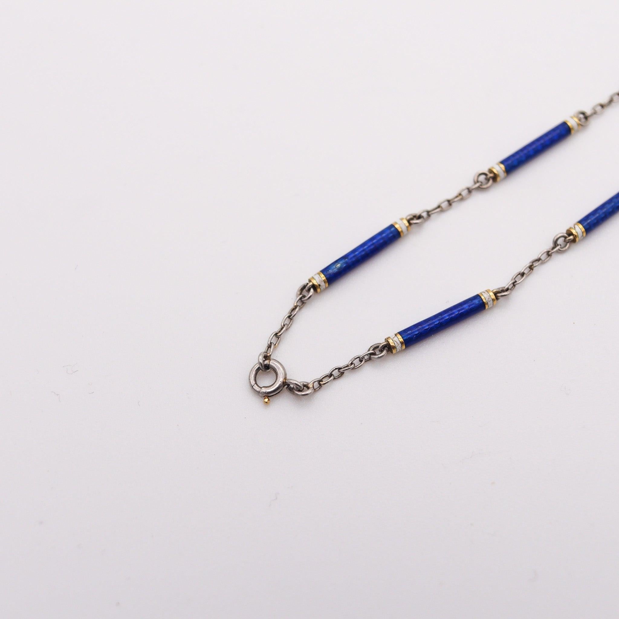 EDWARDIAN 1900 French Chain In Platinum With Blue And White Guilloche Enamels In Excellent Condition In Miami, FL