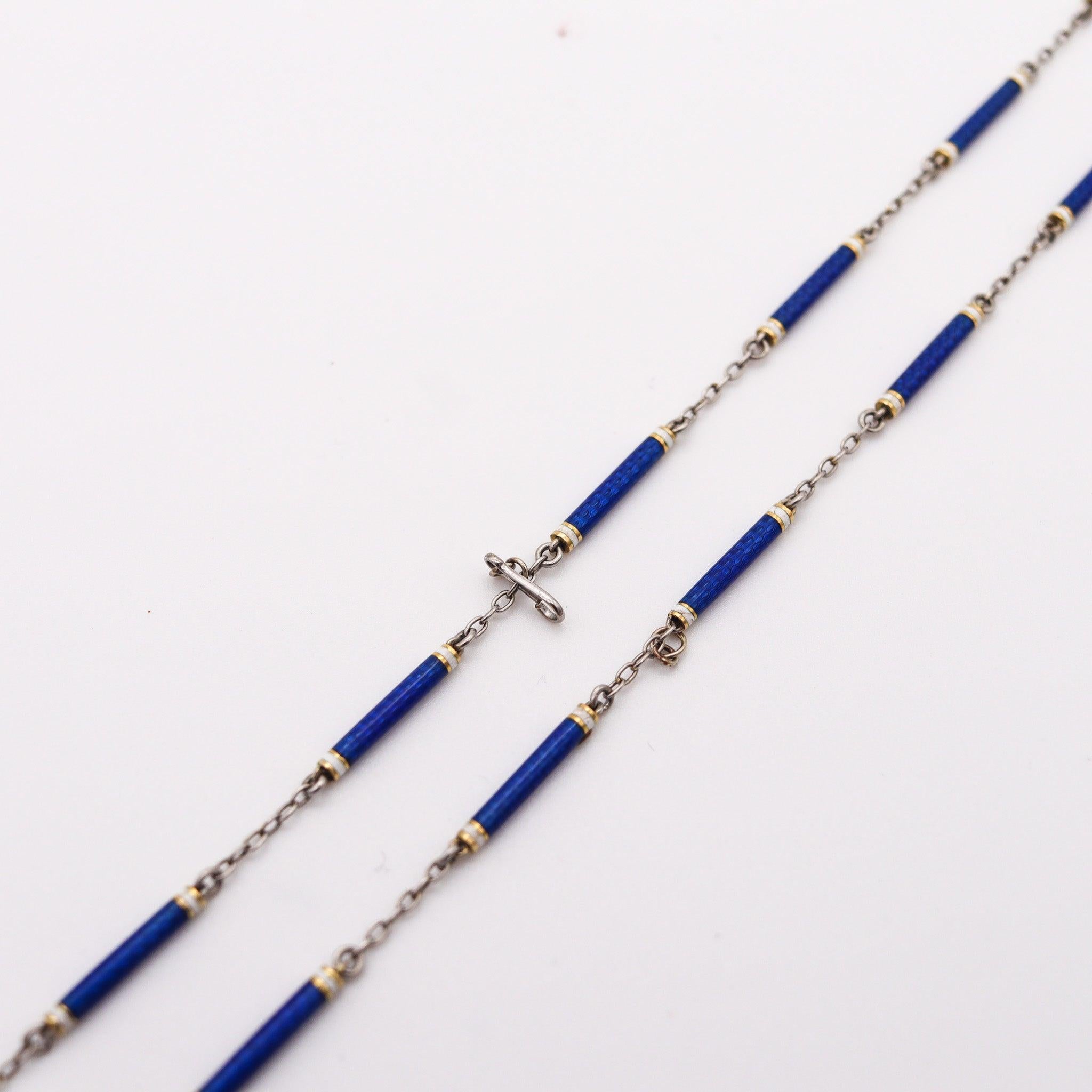 Women's EDWARDIAN 1900 French Chain In Platinum With Blue And White Guilloche Enamels