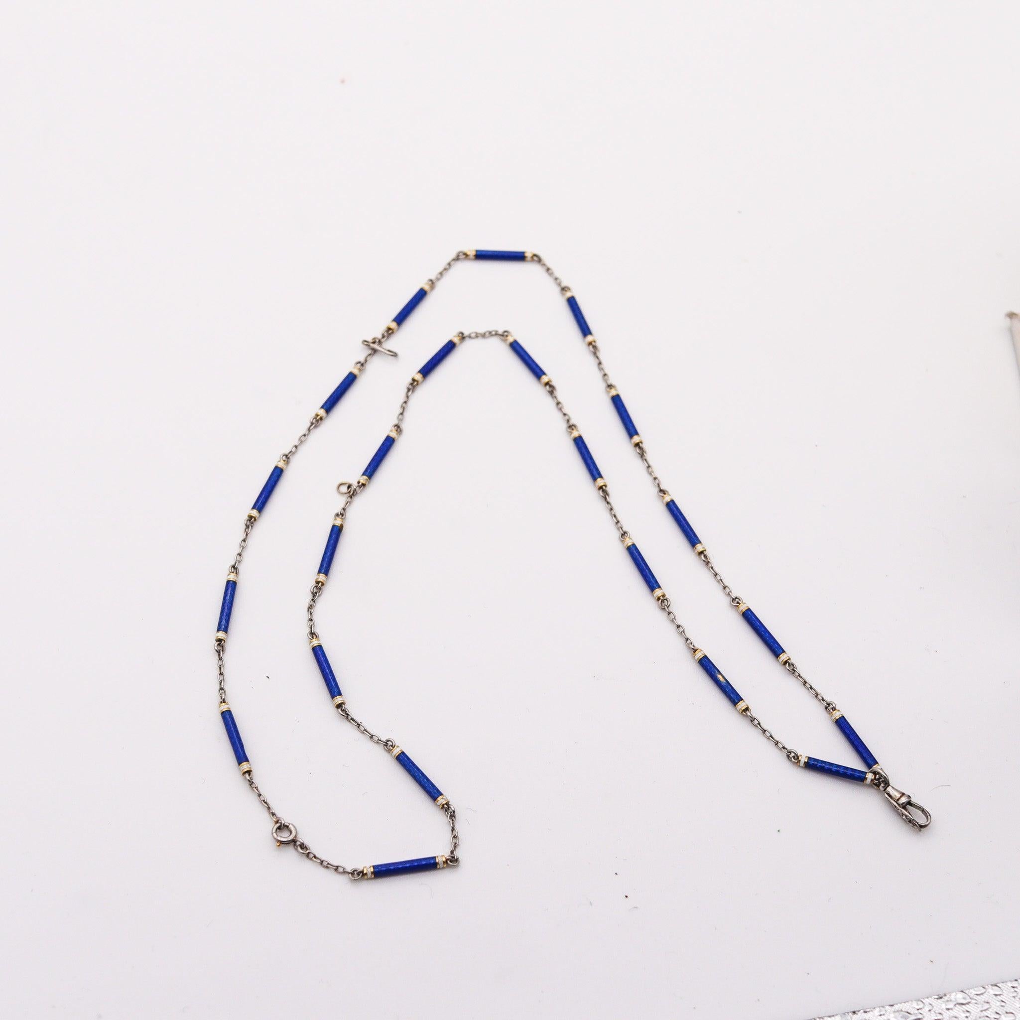 EDWARDIAN 1900 French Chain In Platinum With Blue And White Guilloche Enamels 1