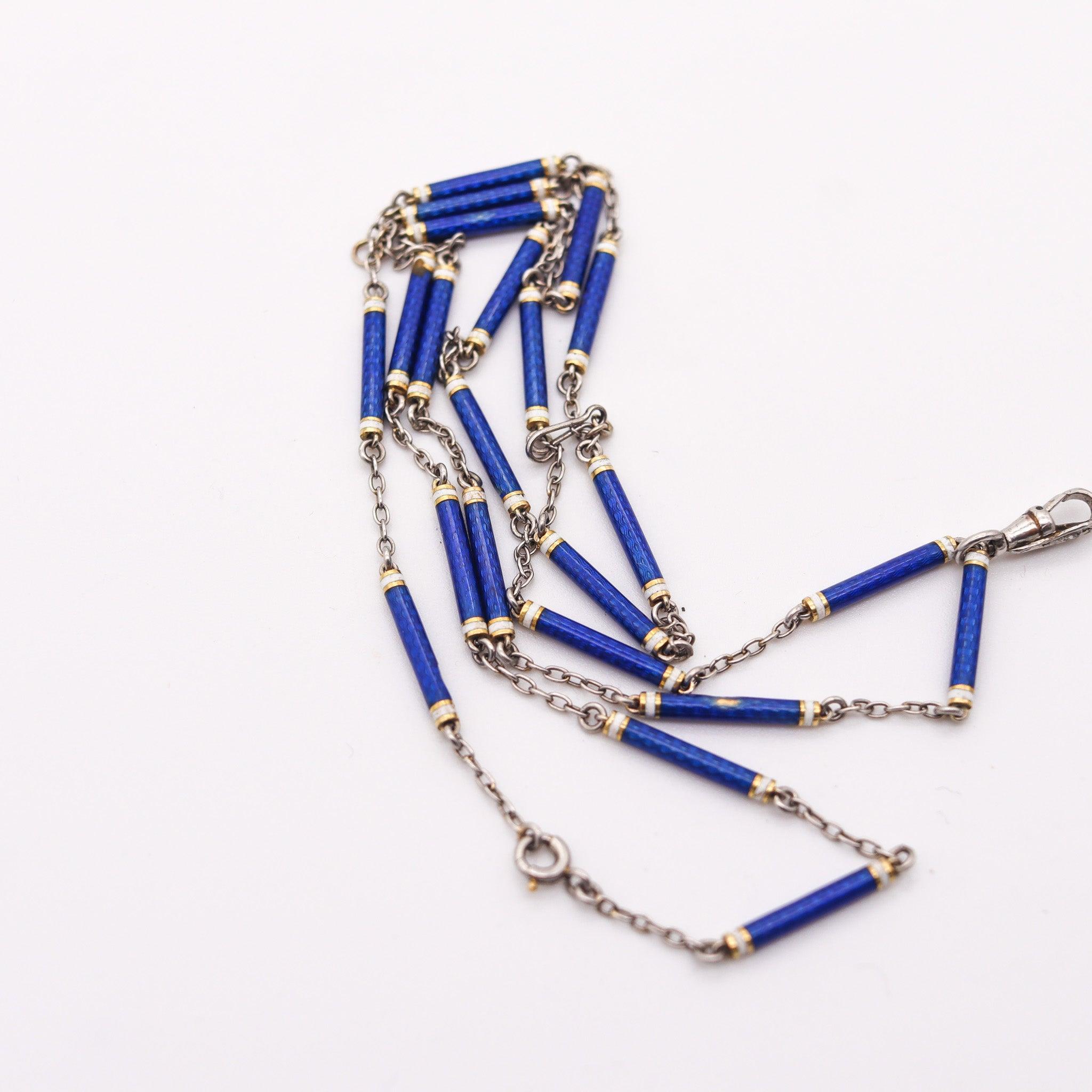 EDWARDIAN 1900 French Chain In Platinum With Blue And White Guilloche Enamels 2