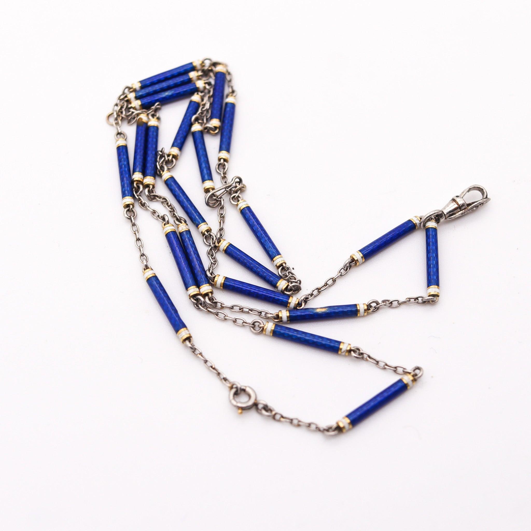 EDWARDIAN 1900 French Chain In Platinum With Blue And White Guilloche Enamels 3