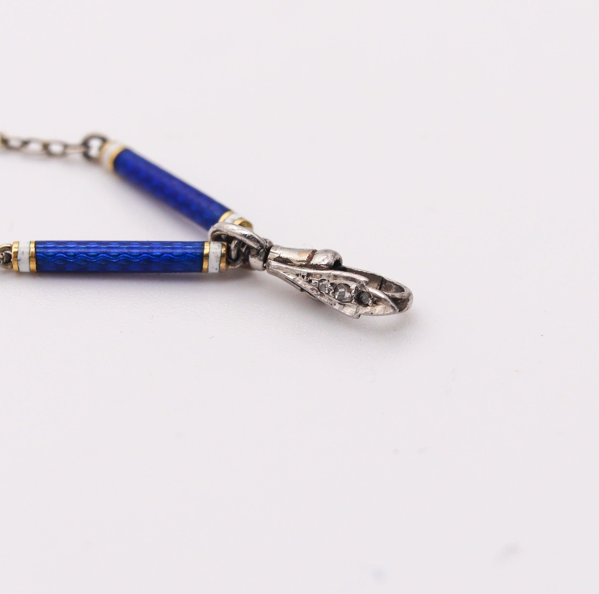 EDWARDIAN 1900 French Chain In Platinum With Blue And White Guilloche Enamels 4