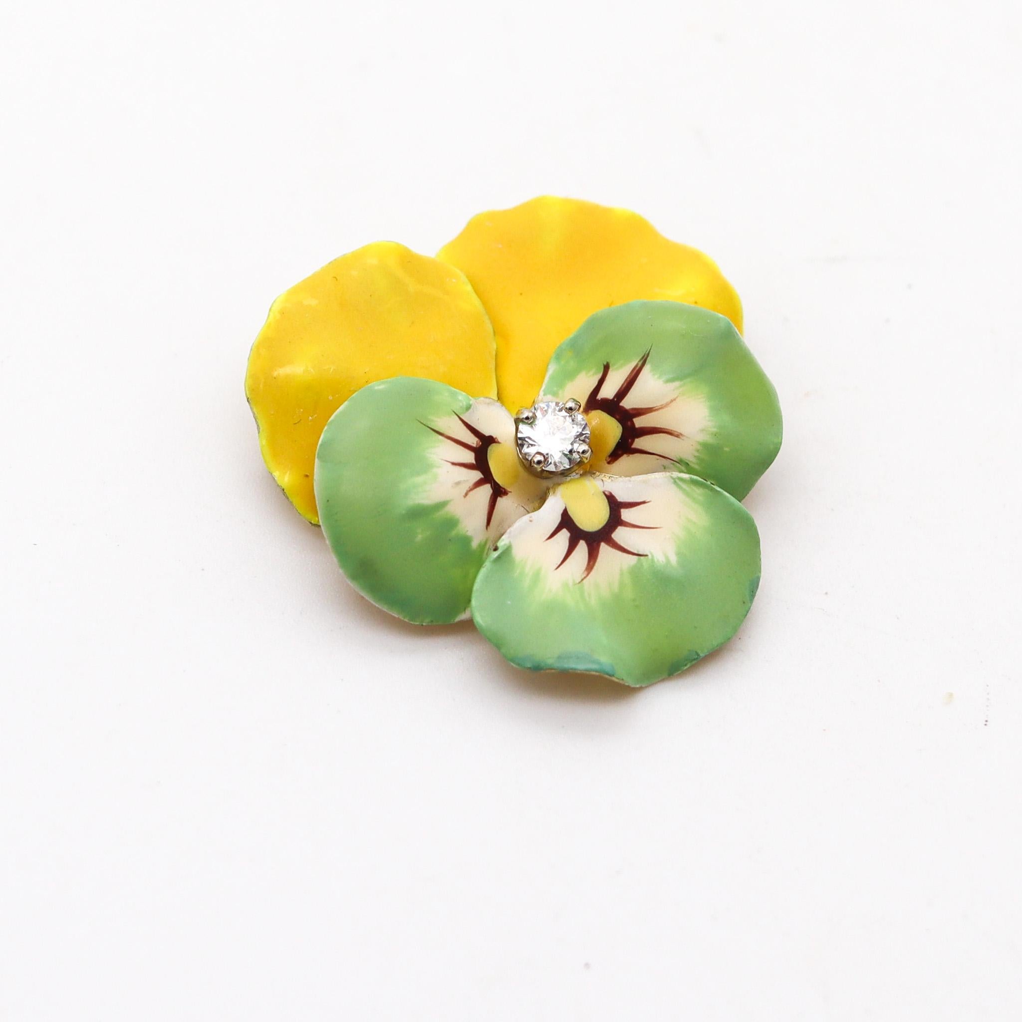 Edwardian enameled white Pansy flower brooch.

Beautiful three-dimensional five-petals pansy flower, created in New Jersey North America during the Edwardian and the Art Nouveau periods, between the 1900-1910. This brooch has been carefully crafted