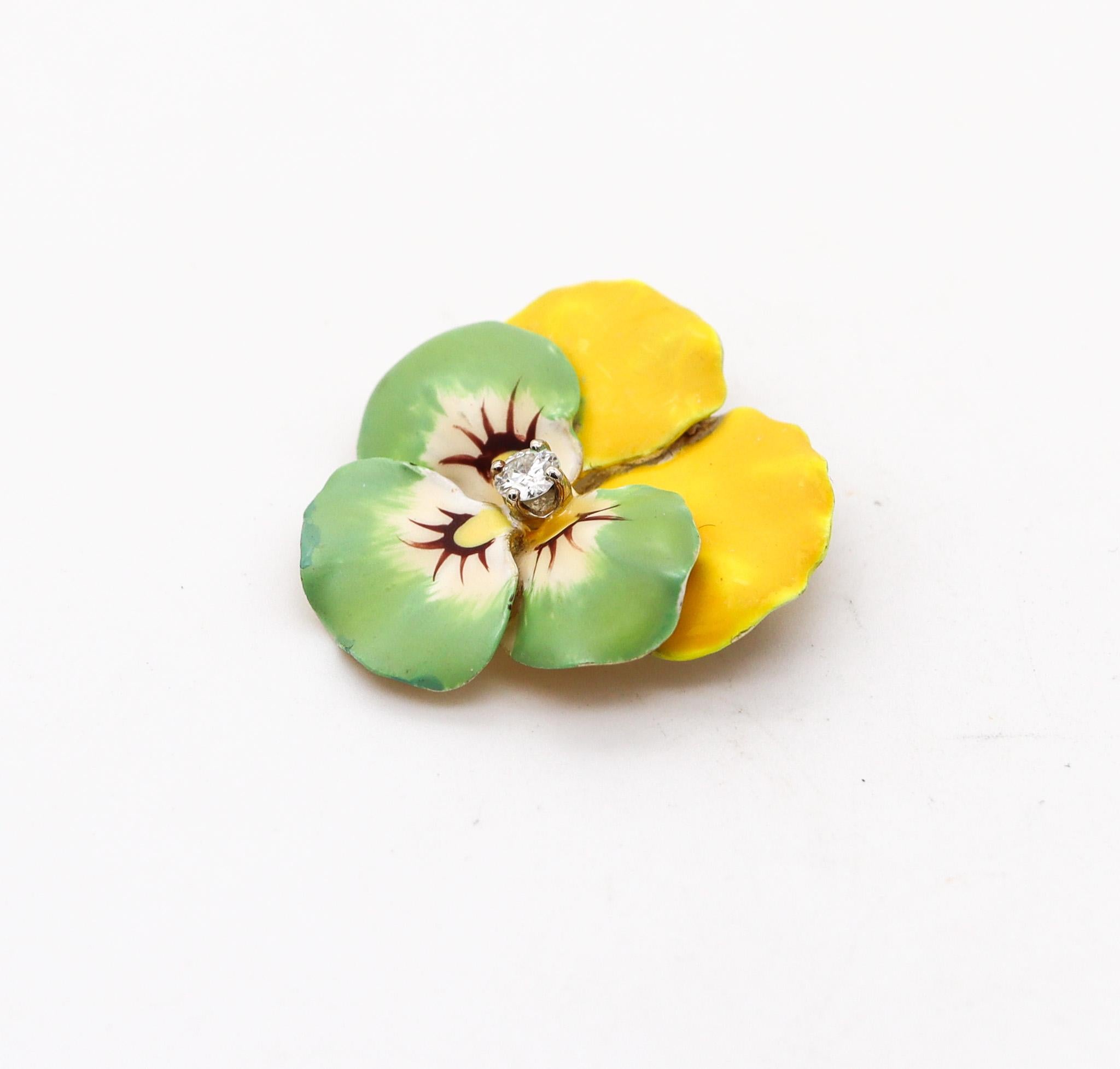 Old European Cut Edwardian 1900 Green Yellow Enameled Pansy Brooch In 14Kt Gold With Diamond For Sale