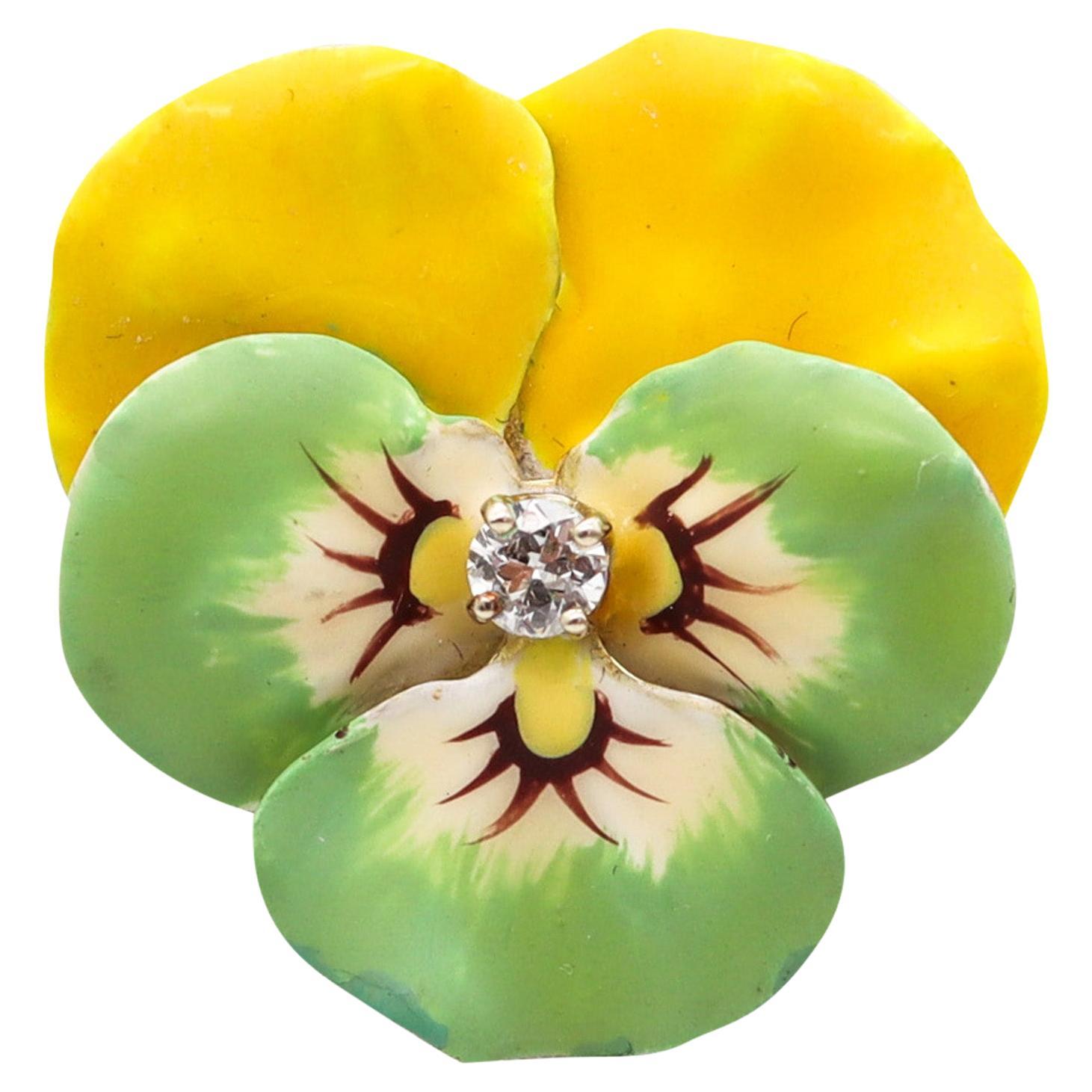 Edwardian 1900 Green Yellow Enameled Pansy Brooch In 14Kt Gold With Diamond For Sale