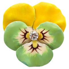 Antique Edwardian 1900 Green Yellow Enameled Pansy Brooch In 14Kt Gold With Diamond