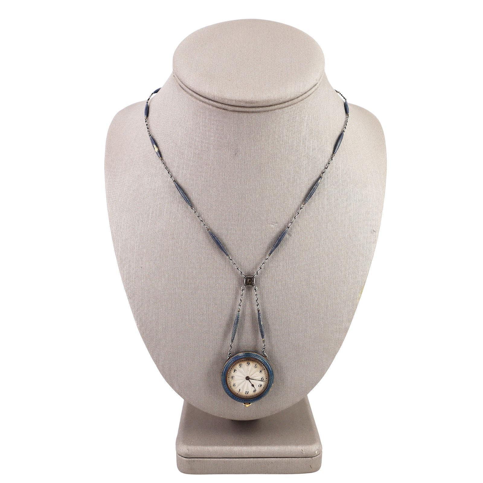 Edwardian 1900 Guilloche Enamel Pocket Watch lavalier Necklace in 18kt Gold In condizioni buone in vendita a Aventura, FL