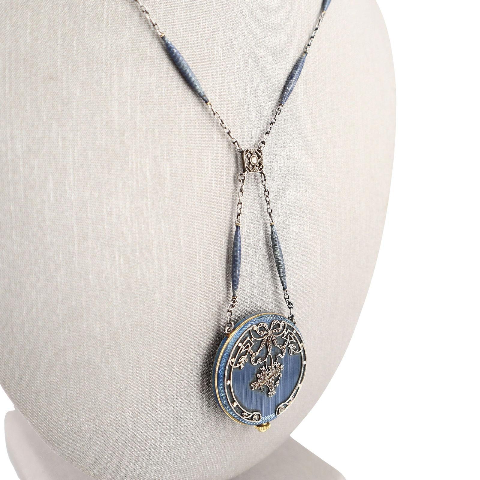 da uomo o donna Edwardian 1900 Guilloche Enamel Pocket Watch lavalier Necklace in 18kt Gold in vendita