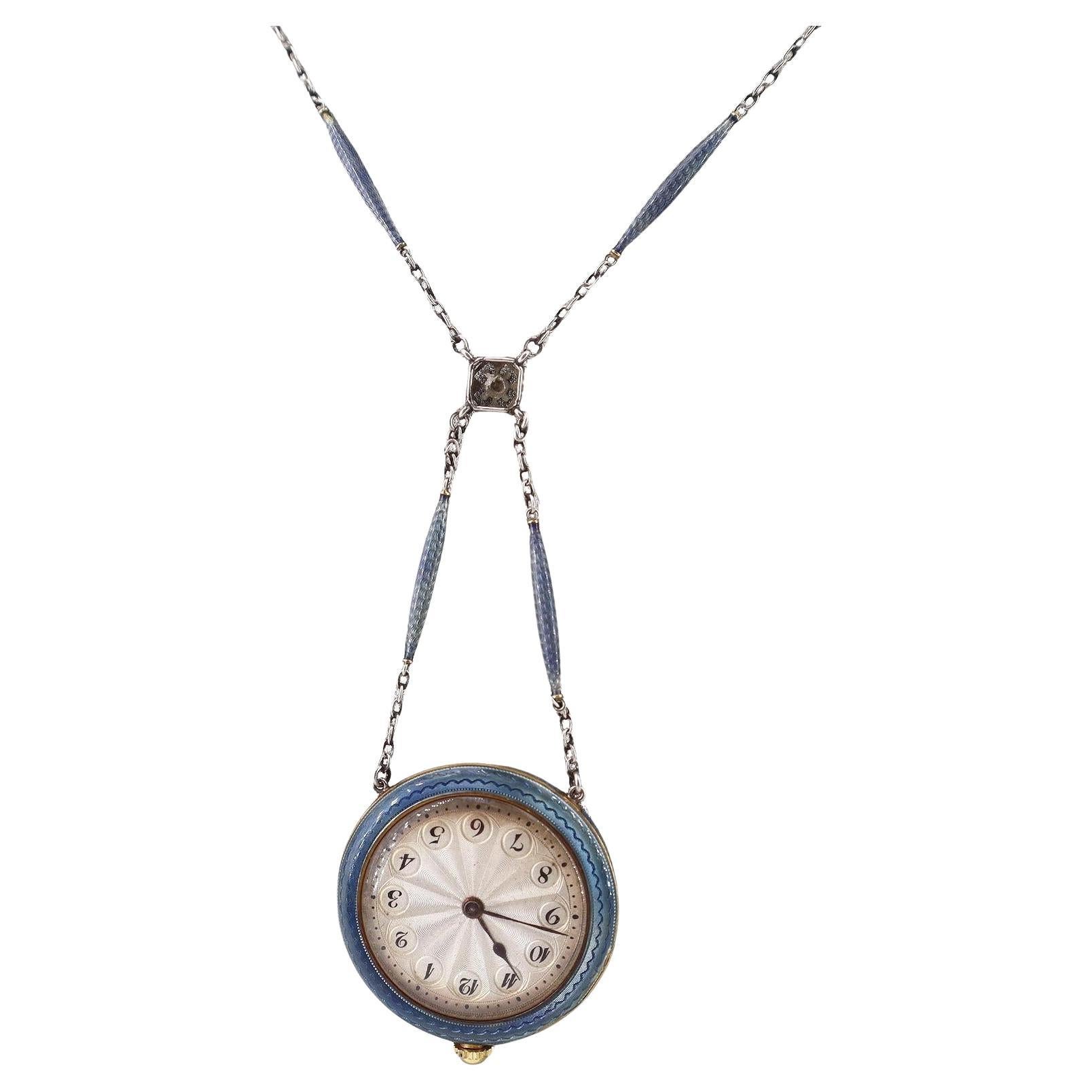 Edoardiano Edwardian 1900 Guilloche Enamel Pocket Watch lavalier Necklace in 18kt Gold in vendita
