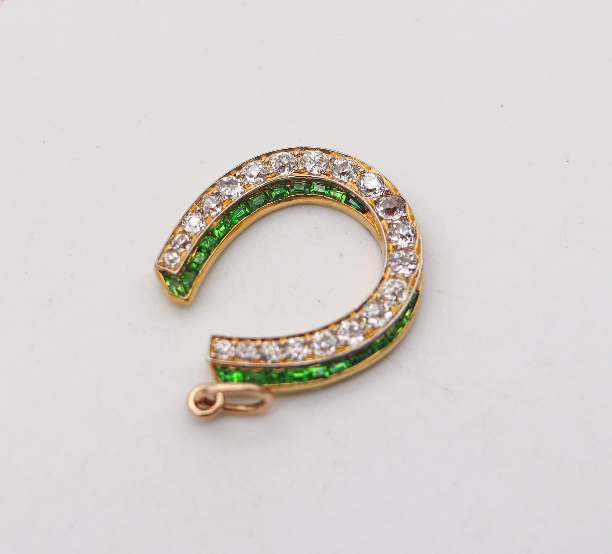 Mixed Cut Edwardian 1900 Horseshoe Lucky Pendant In 18Kt Gold With Demantoids And Diamonds For Sale