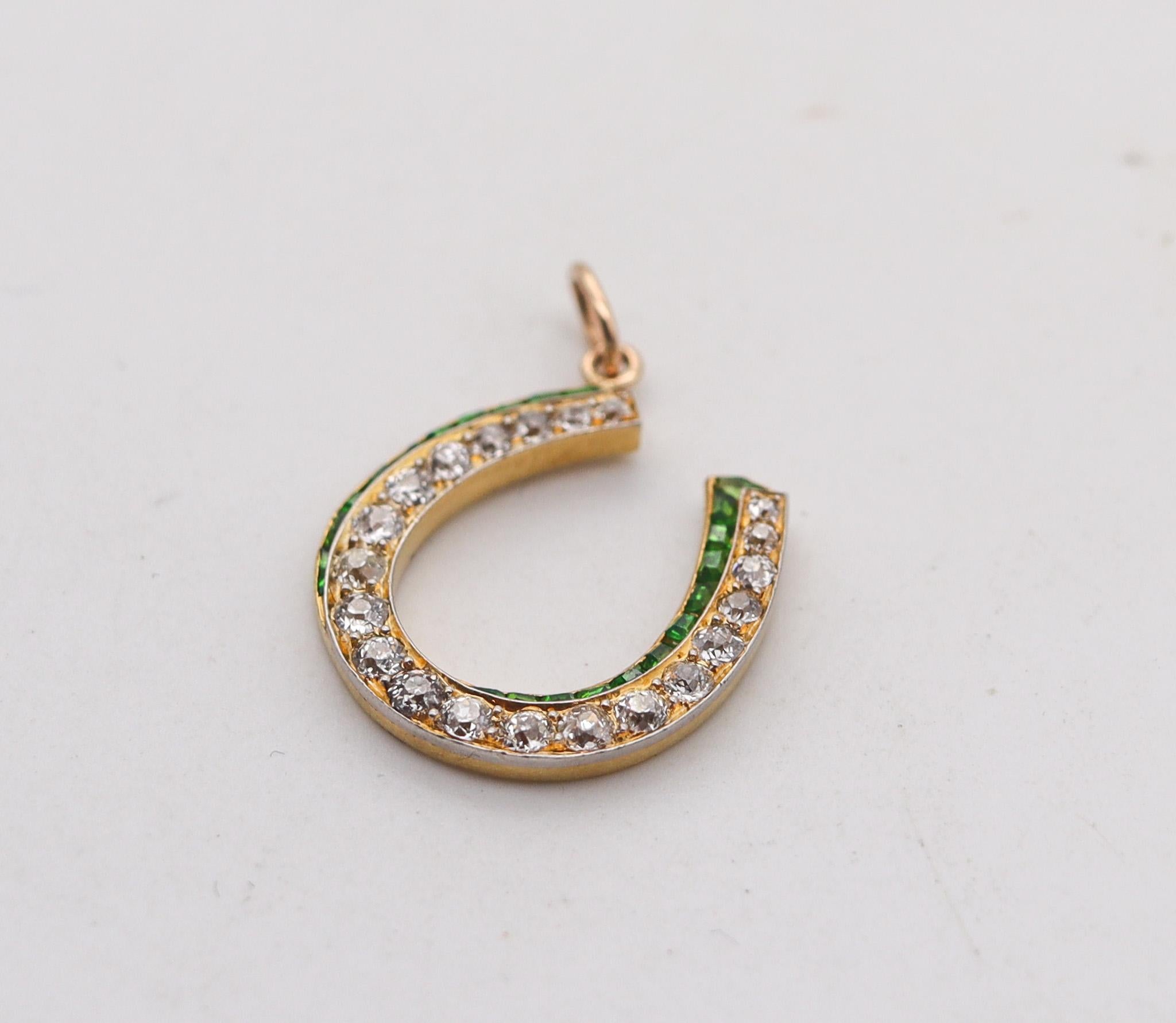 Edwardian 1900 Horseshoe Lucky Pendant In 18Kt Gold With Demantoids And Diamonds In Excellent Condition In Miami, FL