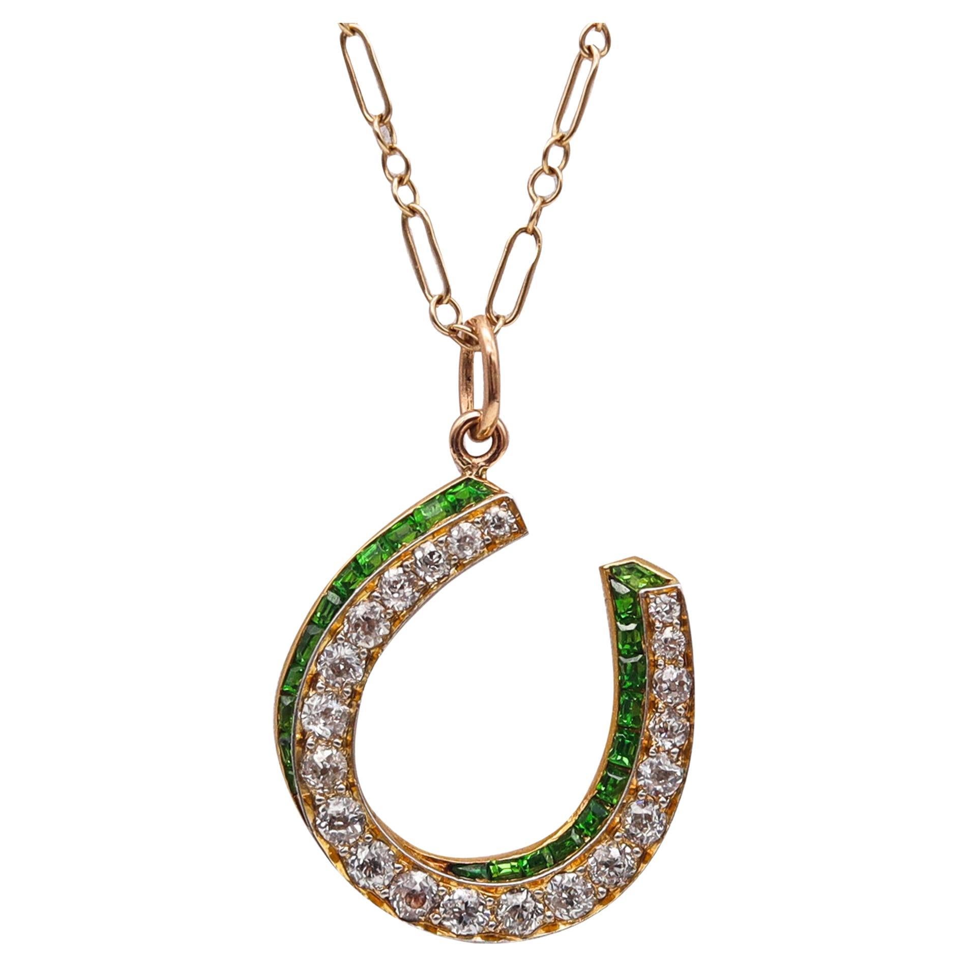 Edwardian 1900 Horseshoe Lucky Pendant In 18Kt Gold With Demantoids And Diamonds For Sale