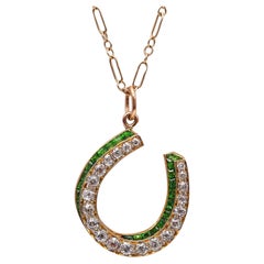 Vintage Edwardian 1900 Horseshoe Lucky Pendant In 18Kt Gold With Demantoids And Diamonds