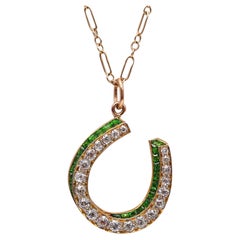 Edwardian 1900 Horseshoe Lucky Pendant In 18Kt Gold With Demantoids And Diamonds