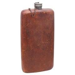 EDWARDIAN 1900 Große Schnapsflasche in Zinn und braunem Leder