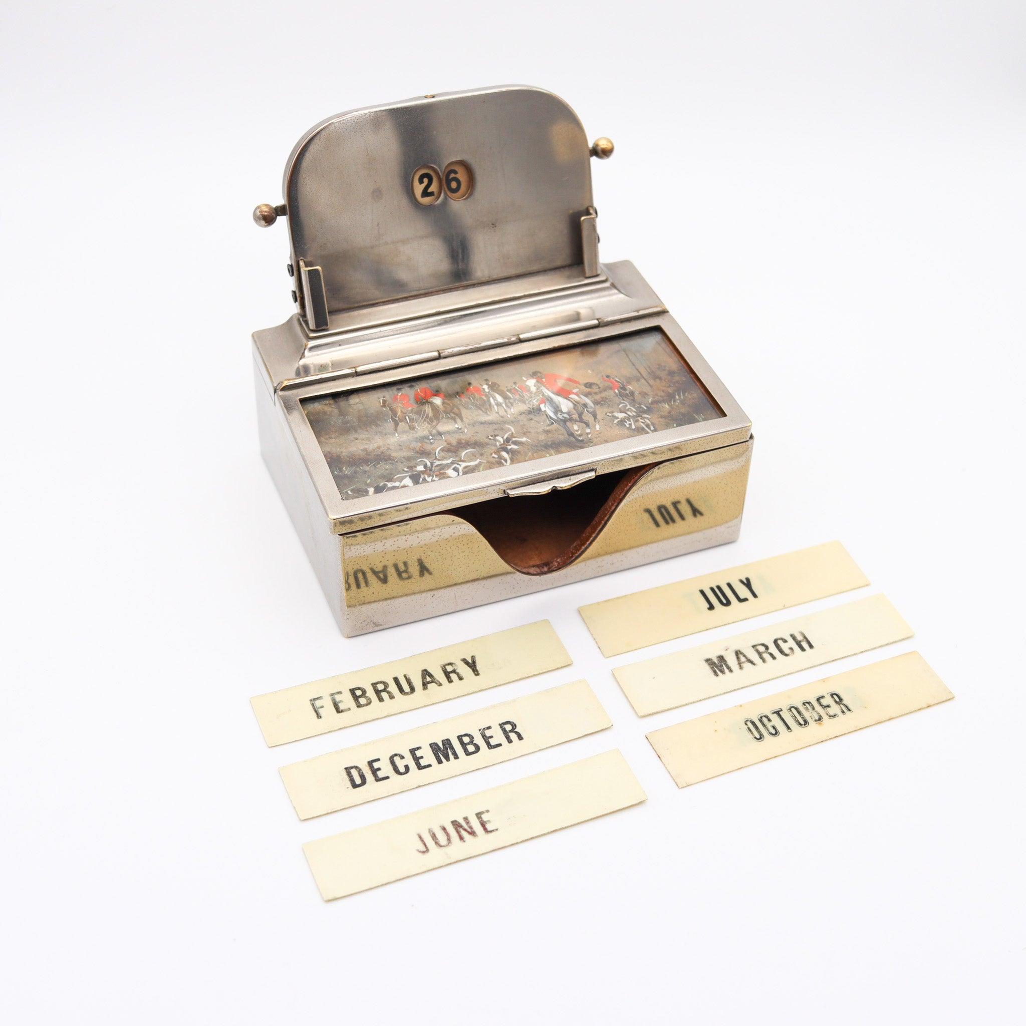 EDWARDIAN 1900 Mechanischer Ewiger Tischkalender mit gemalter Jagdszene (Edwardian) im Angebot