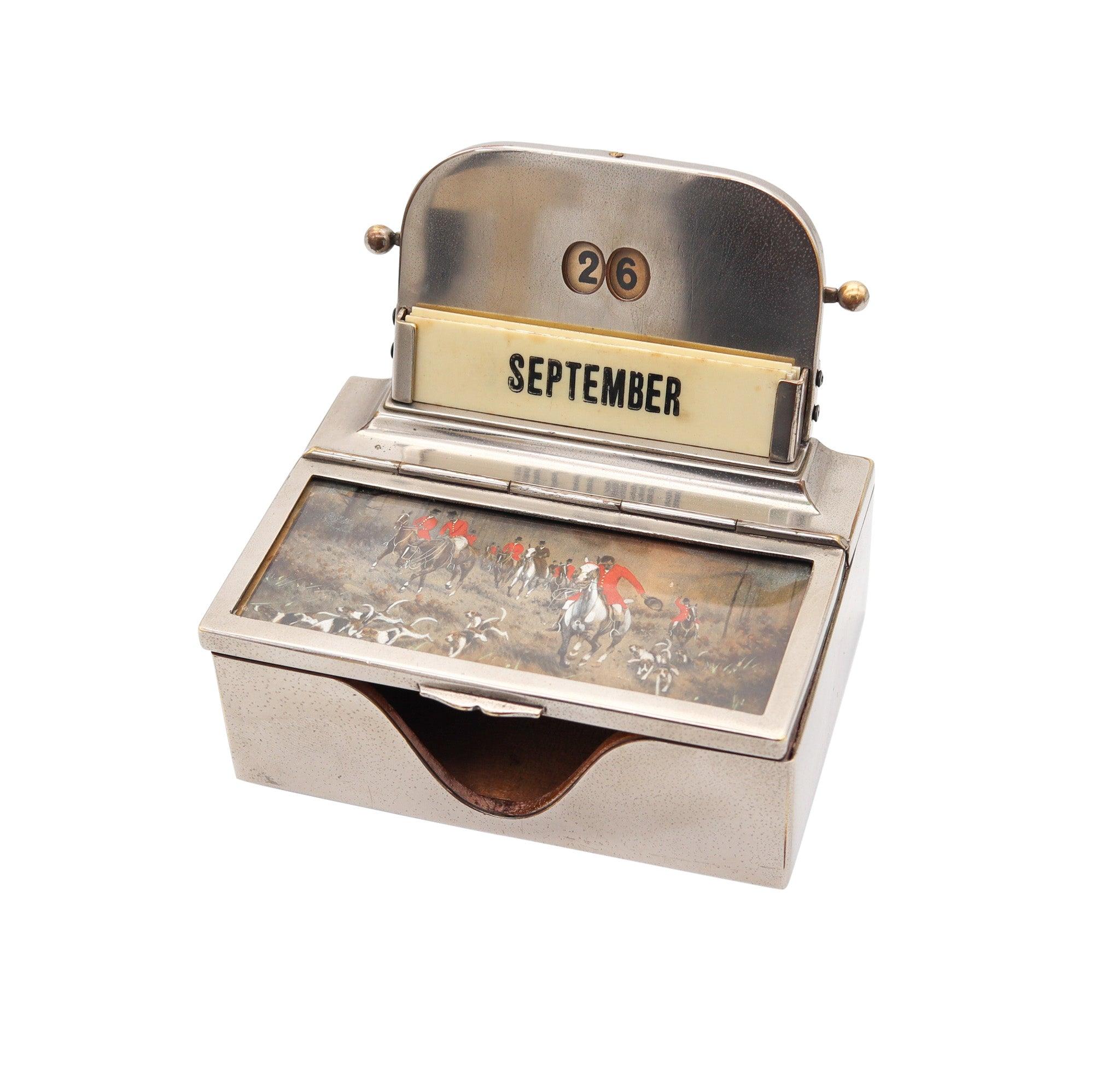 EDWARDIAN 1900 Mechanischer Ewiger Tischkalender mit gemalter Jagdszene (Versilberung) im Angebot