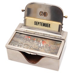 EDWARDIAN 1900 Mechanischer Ewiger Tischkalender mit gemalter Jagdszene
