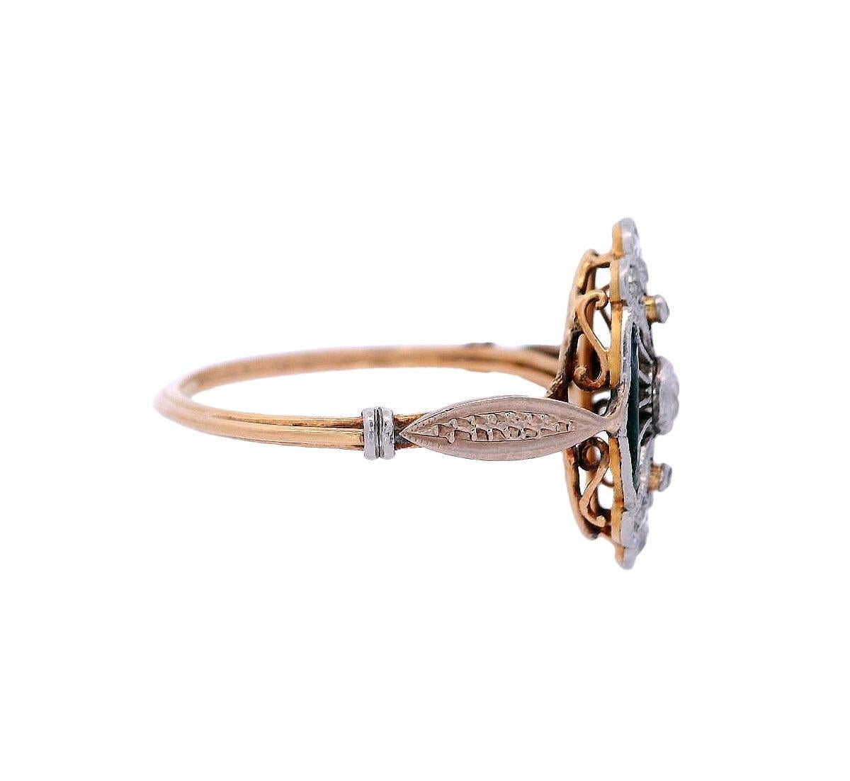 Taille vieille mine Bague édouardienne 1900 en or jaune 18 carats et platine avec émail et diamants en vente