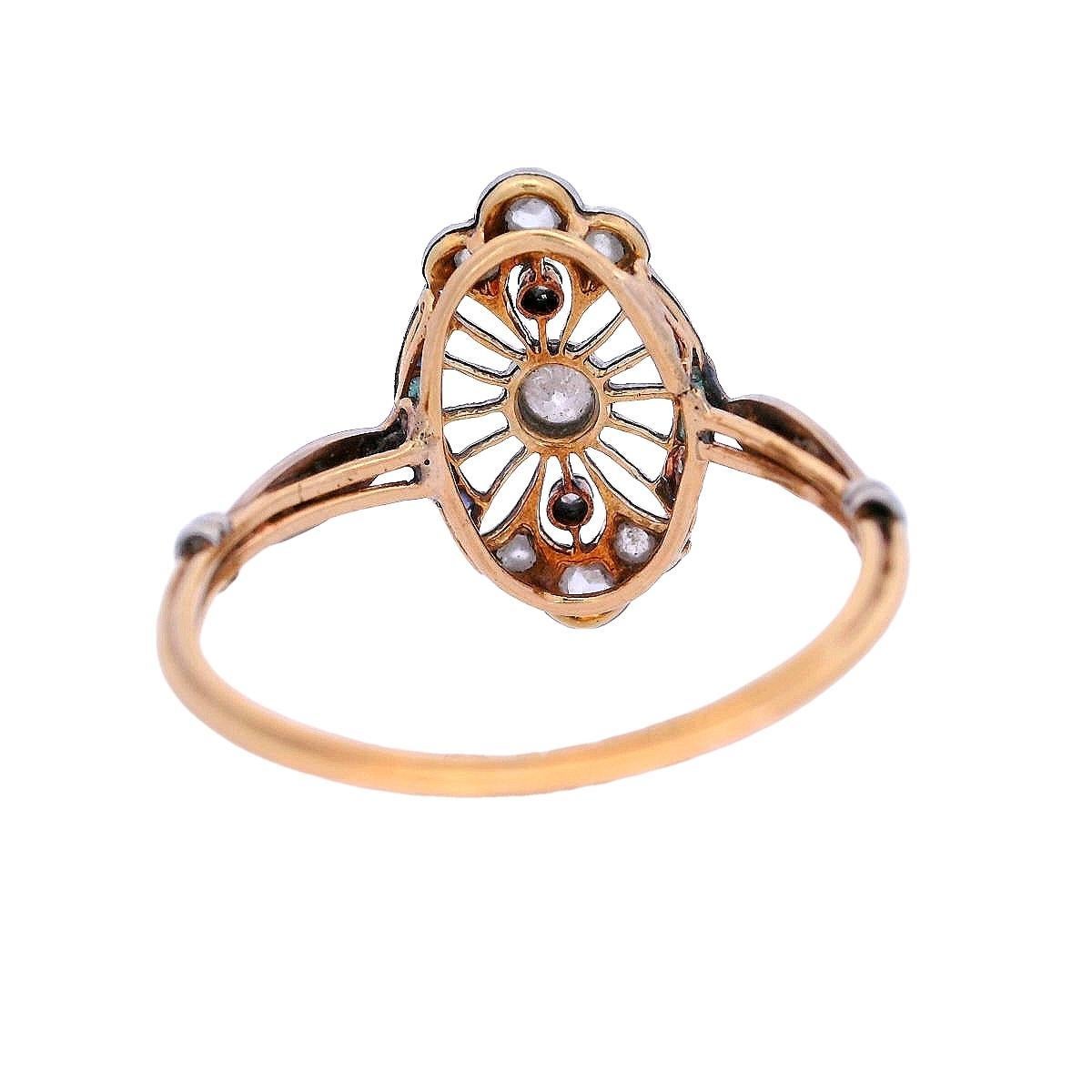 Bague édouardienne 1900 en or jaune 18 carats et platine avec émail et diamants Unisexe en vente