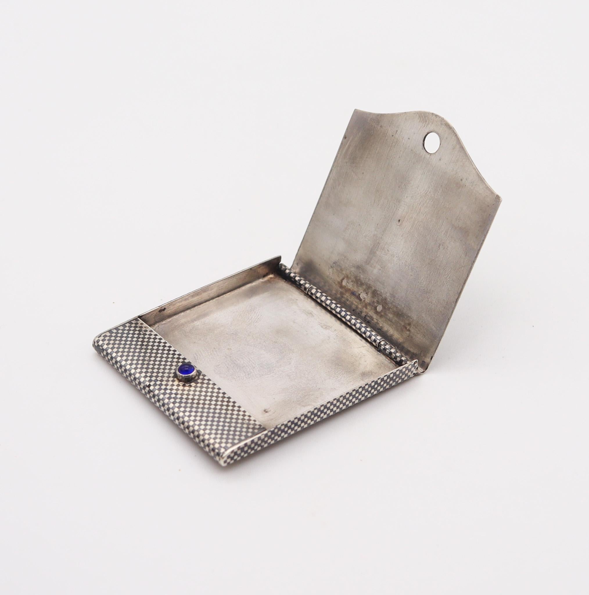 Hand-Crafted Edwardian 1900 Vesta Cards Case In .925 Sterling Silver With Checkerboard Niello