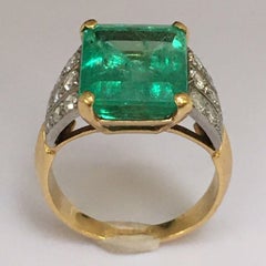 Edwardian 1900s Antique 6 Carat Colombian Emerald Diamond 18K Ring Size 7.5