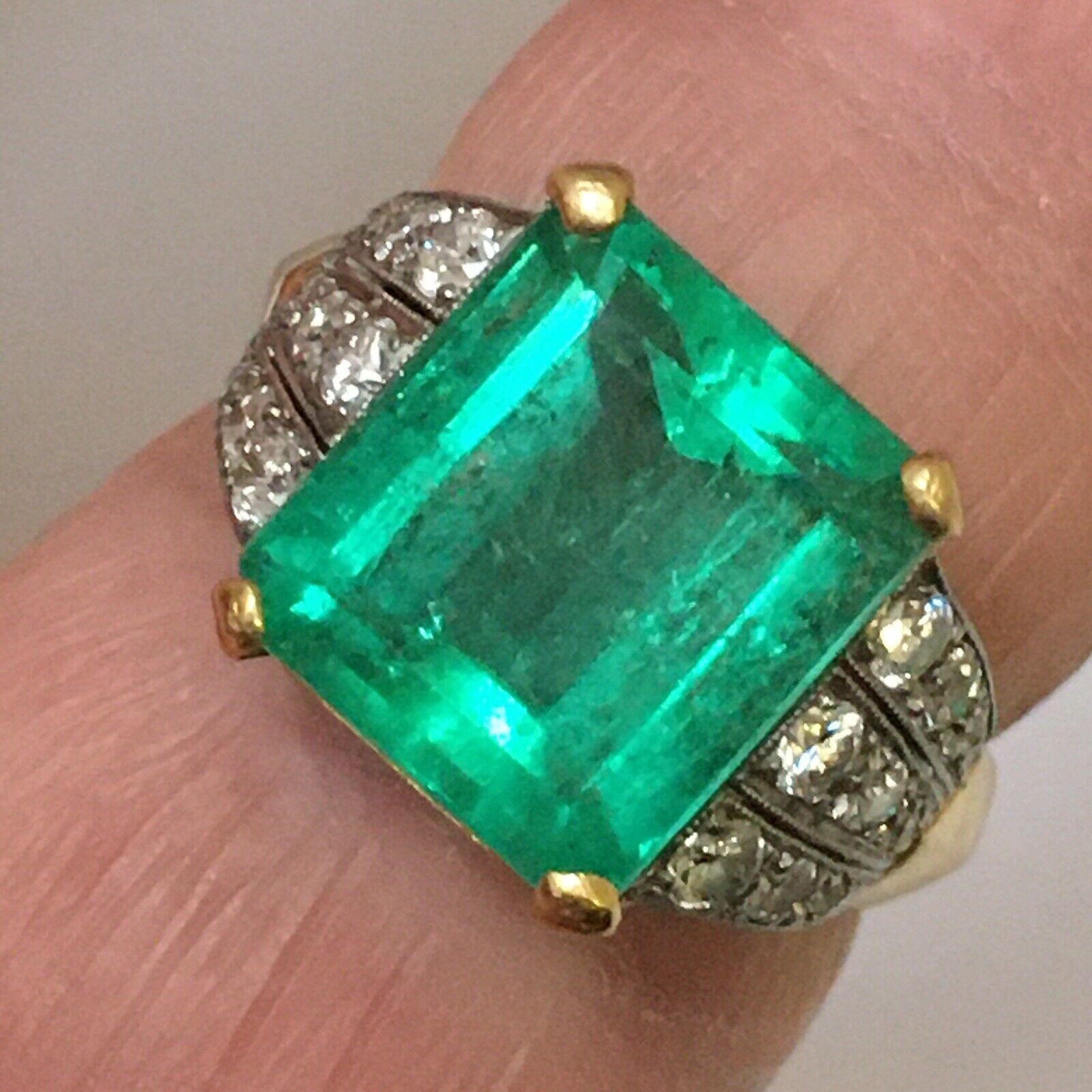For Sale:  Edwardian 1900s Antique 6 Carat Colombian Emerald Diamond 18K Ring Size 7.5 5