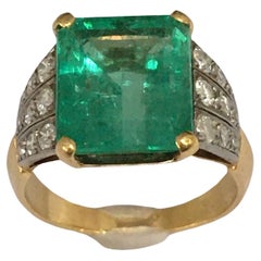 Edwardian 1900s Vintage 6 Carat Colombian Emerald Diamond 18K Ring Size 7.5