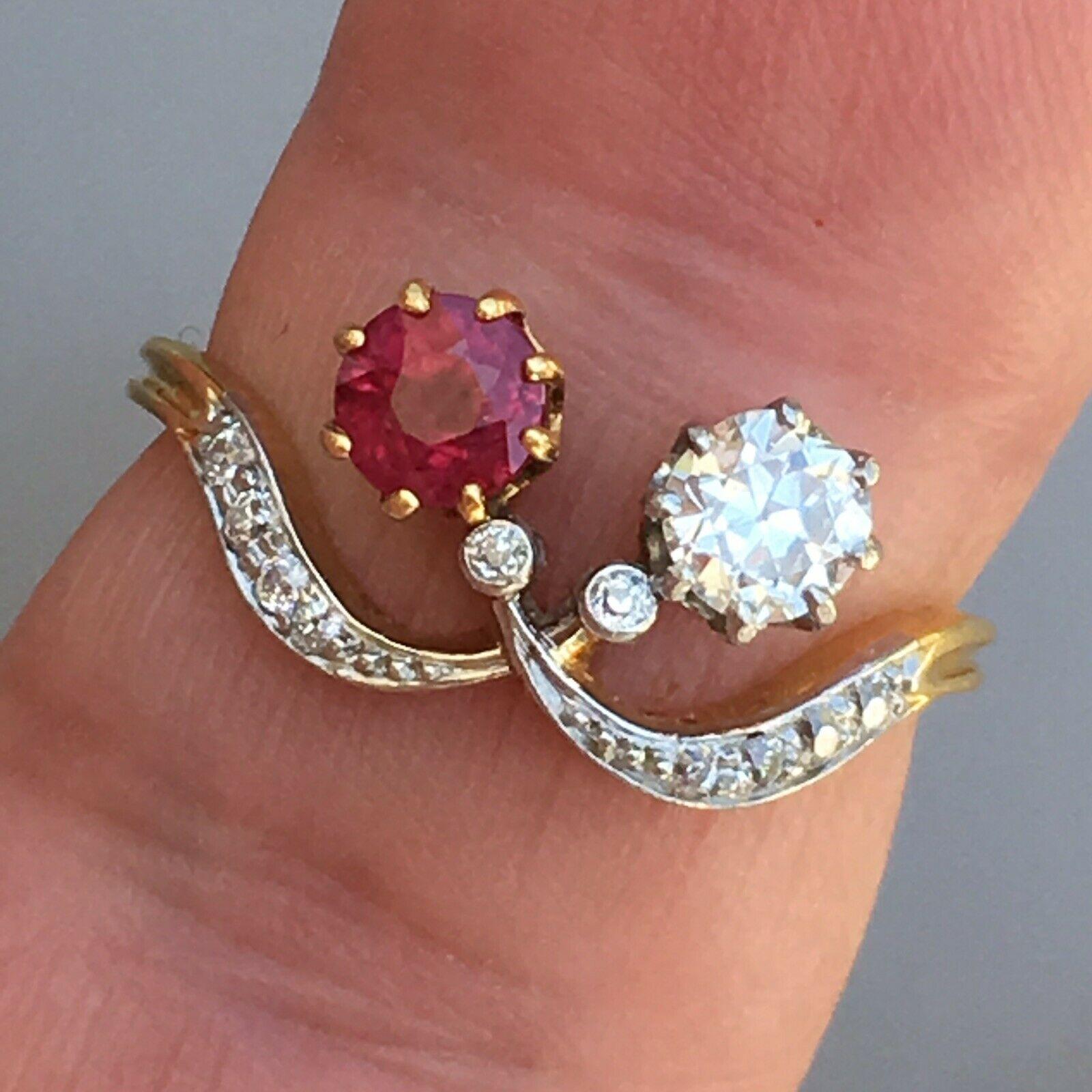 Edwardian 1900s Antique 1/2 Ct Burma Ruby and 1/3 Ct Old European Cut Diamond Ring in Toi et Moi Style 

3.3 gram 18 Karat yellow Gold Platinum topped lady's ring circa 1900s, Edwardian era, appx. 1/2 Carat Burmese Ruby and an appx 1/3 Carat Old