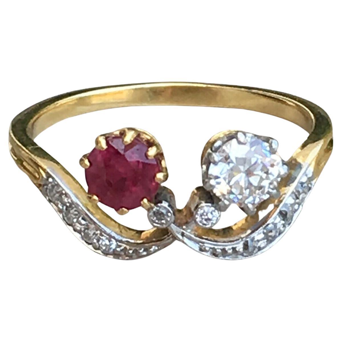 Edwardian 1900s Antique Toi et Moi Burma Ruby and Diamond Platinum 18K Ring For Sale