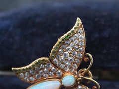 Edwardian 1900s Demantoid Garnet Opal Old Mine Diamond Butterfly Pendant/ Brooch