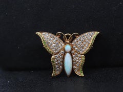 Edwardian 1900s Demantoid Garnet Opal Old Mine Diamond Butterfly Pendant/ Brooch