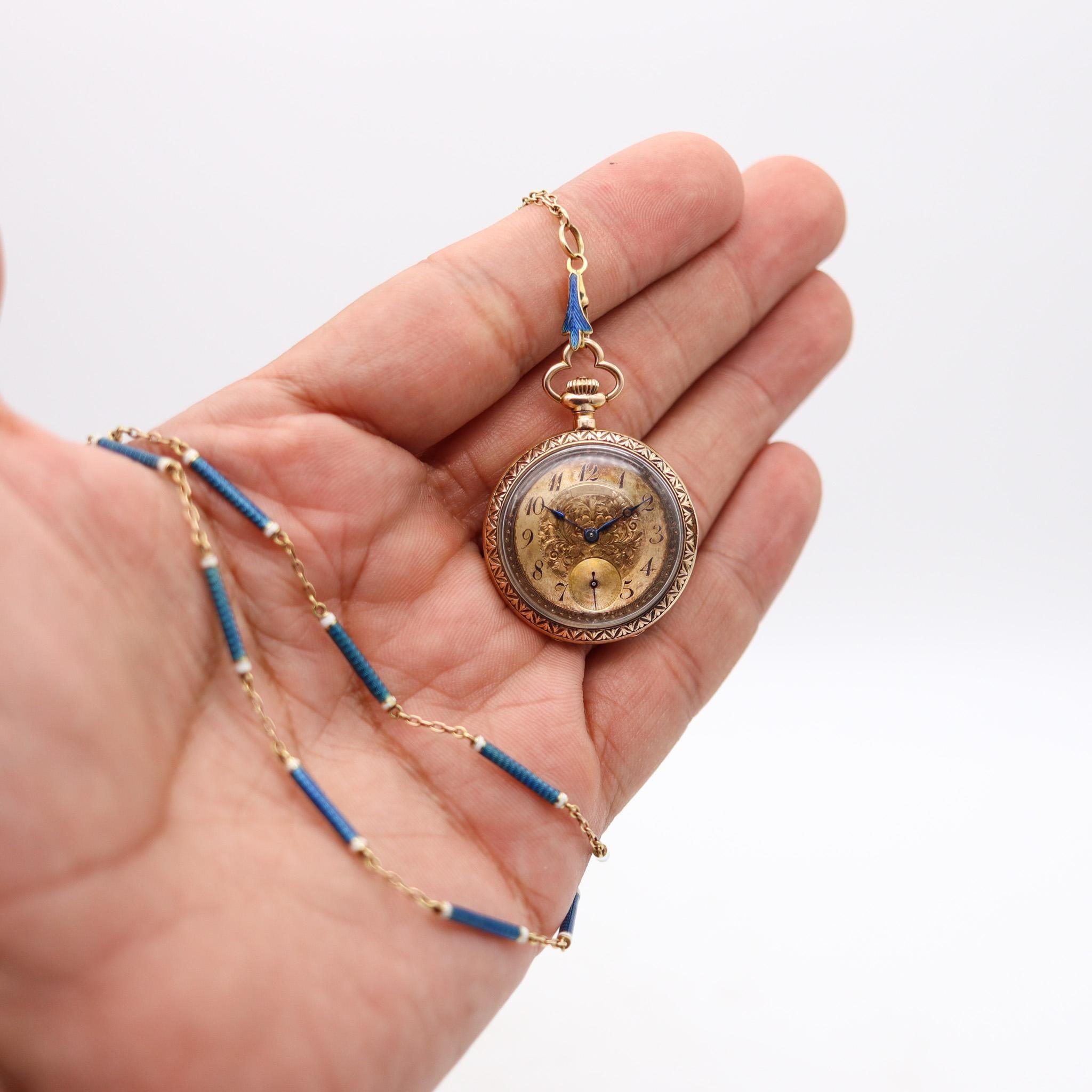 Edwardian 1903 Swiss Necklace Watch In 14Kt Gold With Guilloché Blue Enamel For Sale 7